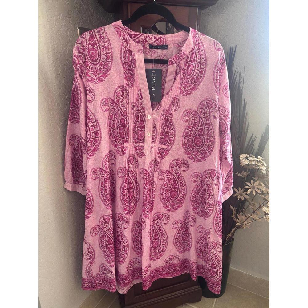 La Plage Pink Paisley Pintuck Tunic Dress XL Block Print Cotton NWT